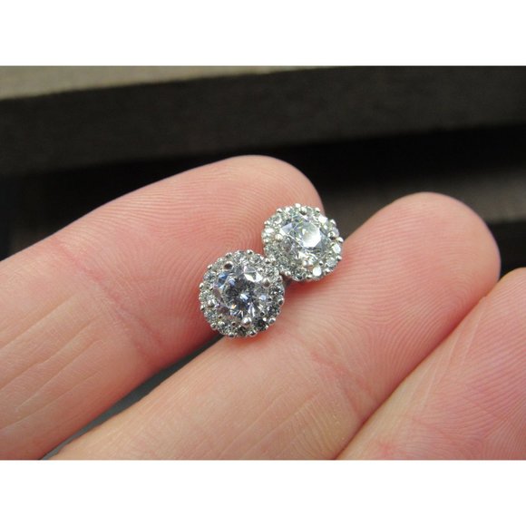 Sterling Silver Cubic Zirconia Bright Round Halo Stud Earrings Vintage Wedding - Picture 2 of 6